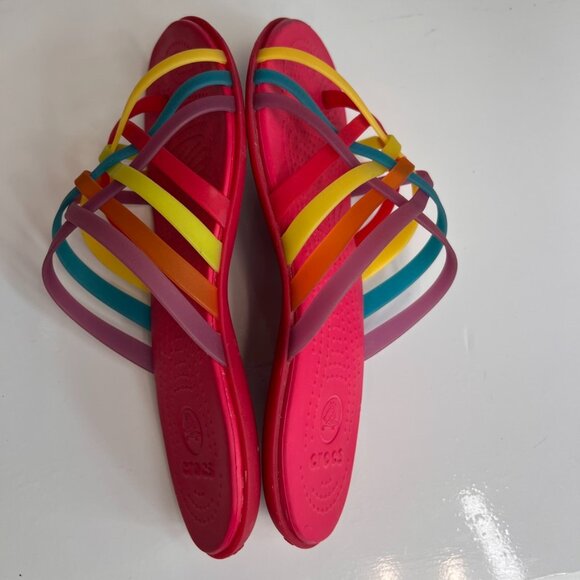 Crocs Sandal Women 8 Flip Flop Rainbow Strap Huarache Beach Cruise Pool Core Ex - Picture 9 of 12